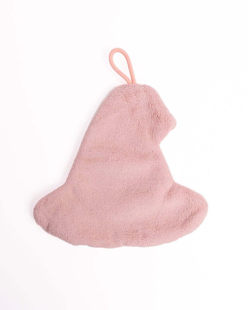 Back view of black witch hat hanging hand towel showing soft cream coral fleece fabric texture and hanging loop