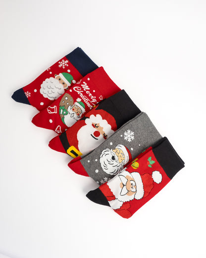 Santa Claus Pattern Festive Christmas Crew Socks - Red & Grey