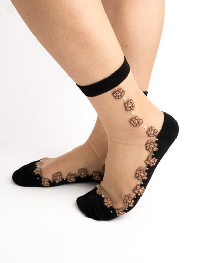 Floral Sheer Crew Socks - Black