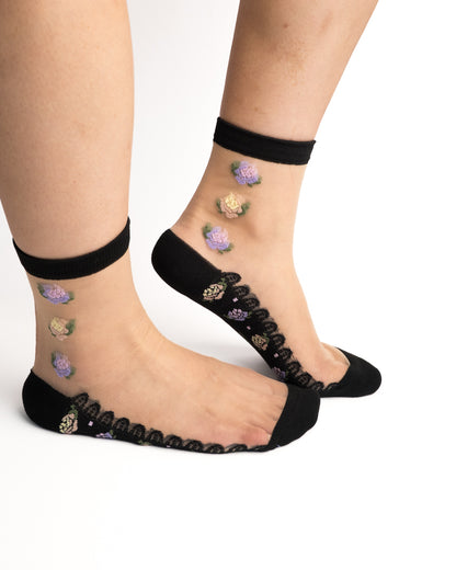 Rose Floral Sheer Crew Socks - Black