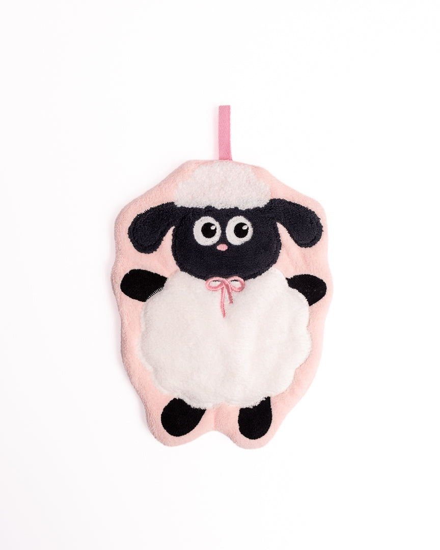 Cute Cartoon Sheep Kitchen Bathroom Hanging Hand Towel in light pink featuring cartoon black sheep with bow tie and hanging loop on flat lay white background