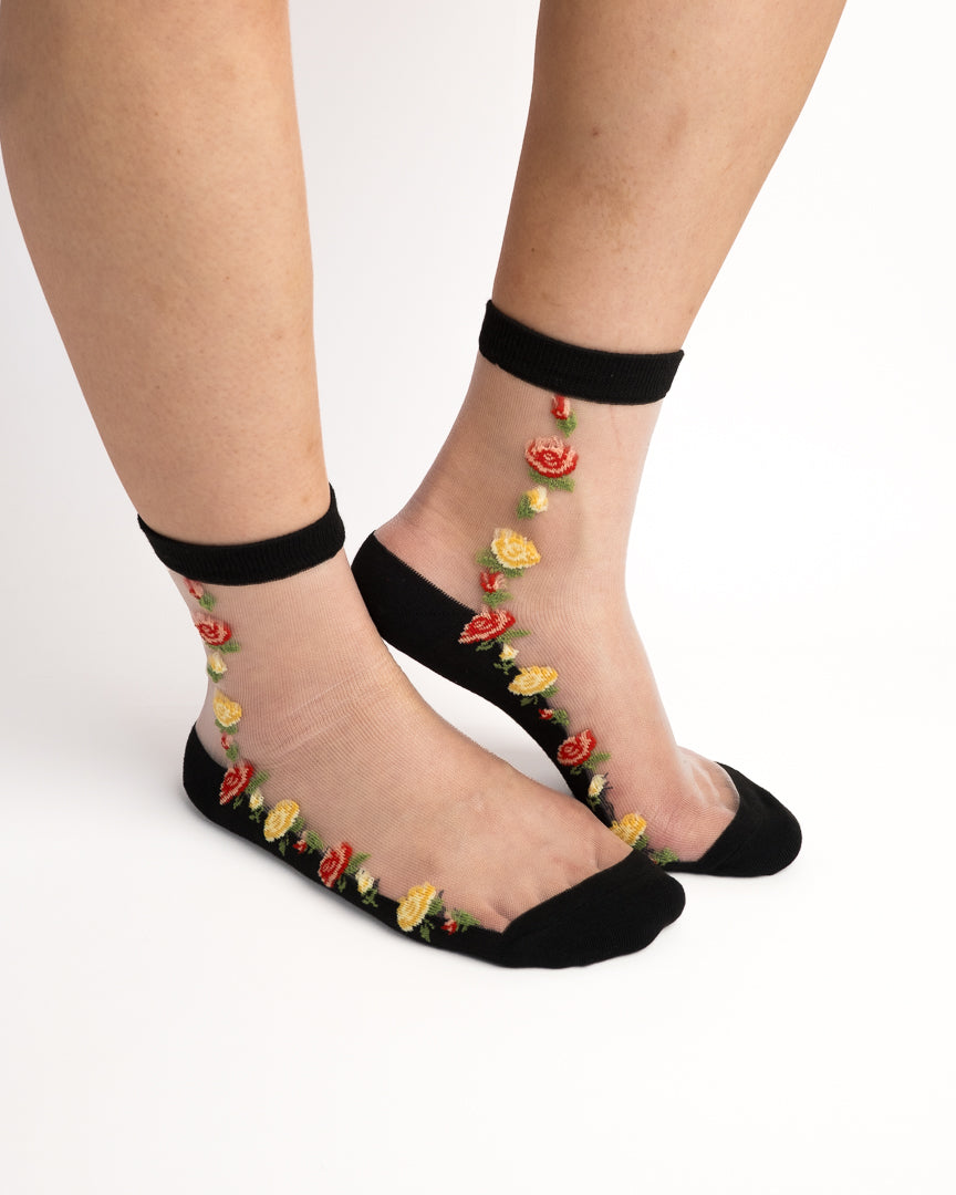 Rose Floral Sheer Crew Socks - Black