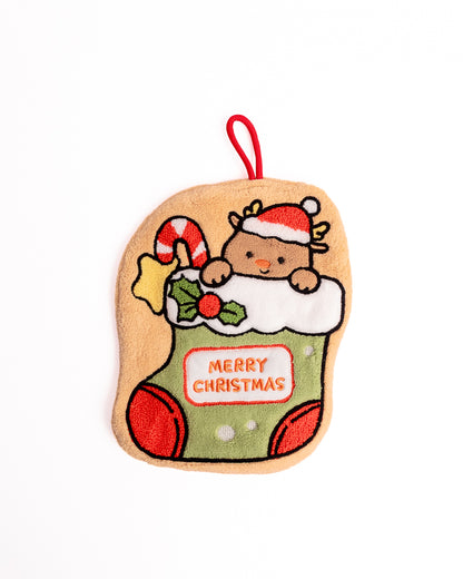 Christmas Stocking Reindeer Hanging Hand Towel in green featuring Santa reindeer, candy cane, and MERRY CHRISTMAS embroidery on flat lay white background