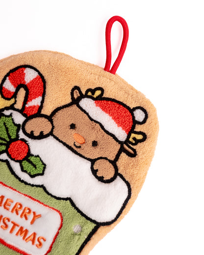 Close-up of Christmas reindeer stocking hanging hand towel showing detailed embroidery and festive graphics