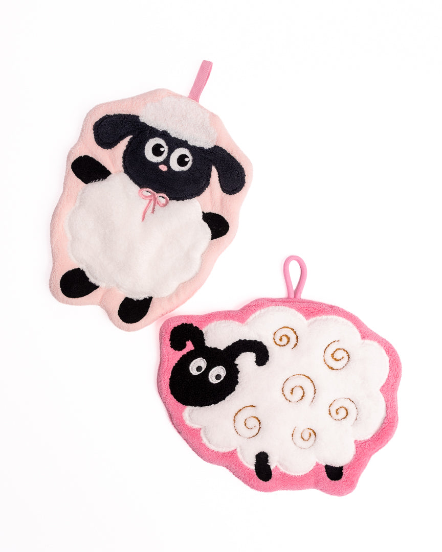Cute Cartoon Sheep Kitchen Bathroom Hanging Hand Towels showing both deep pink and light pink sheep variants on flat lay white background   