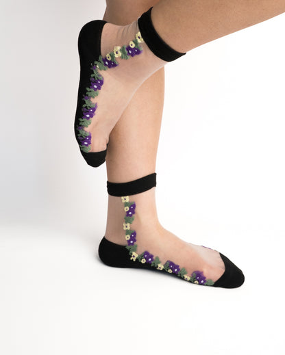 Violet Meadow Sheer Crew Socks - Black