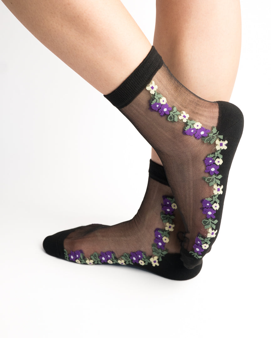 Midnight Violet Sheer Crew Socks - Black