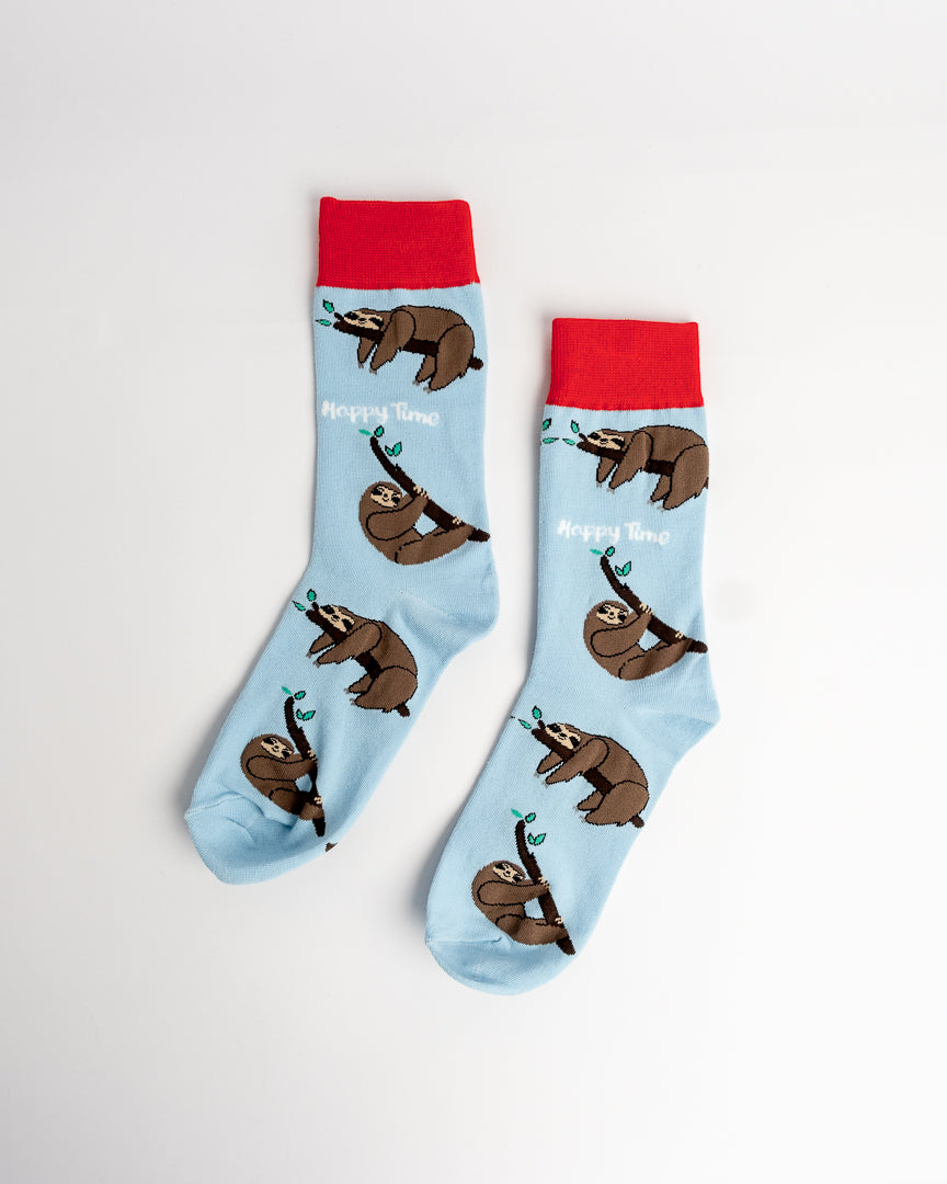 Happy Time Sloth Crew Socks – Light Blue & Red