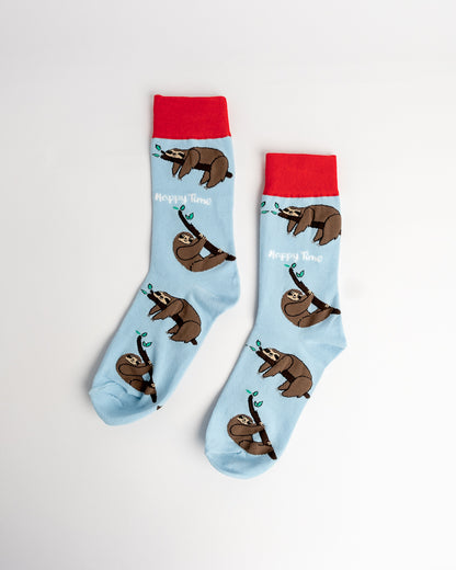 Happy Time Sloth Crew Socks – Light Blue & Red
