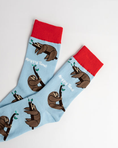 Happy Time Sloth Crew Socks – Light Blue & Red