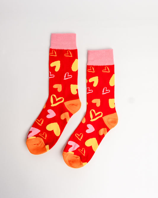 Colourful Hearts Crew Socks – Red & Pink