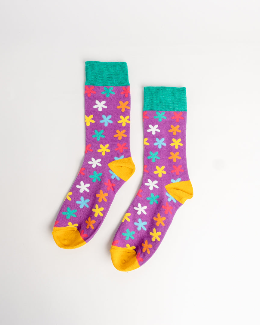 Colourful Daisy Crew Socks – Purple & Teal