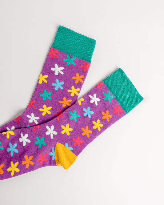Colourful Daisy Crew Socks – Purple & Teal