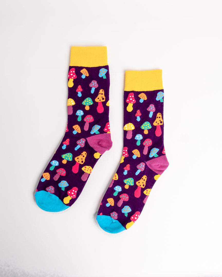 Colourful Mushrooms Crew Socks – Purple & Yellow