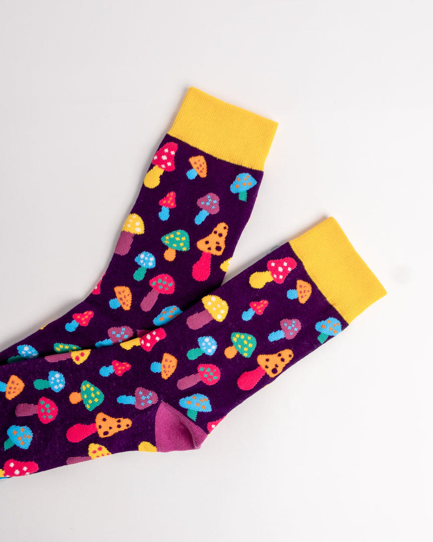 Colourful Mushrooms Crew Socks – Purple & Yellow