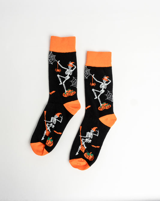 Dancing Skeleton Halloween Crew Socks – Black & Orange