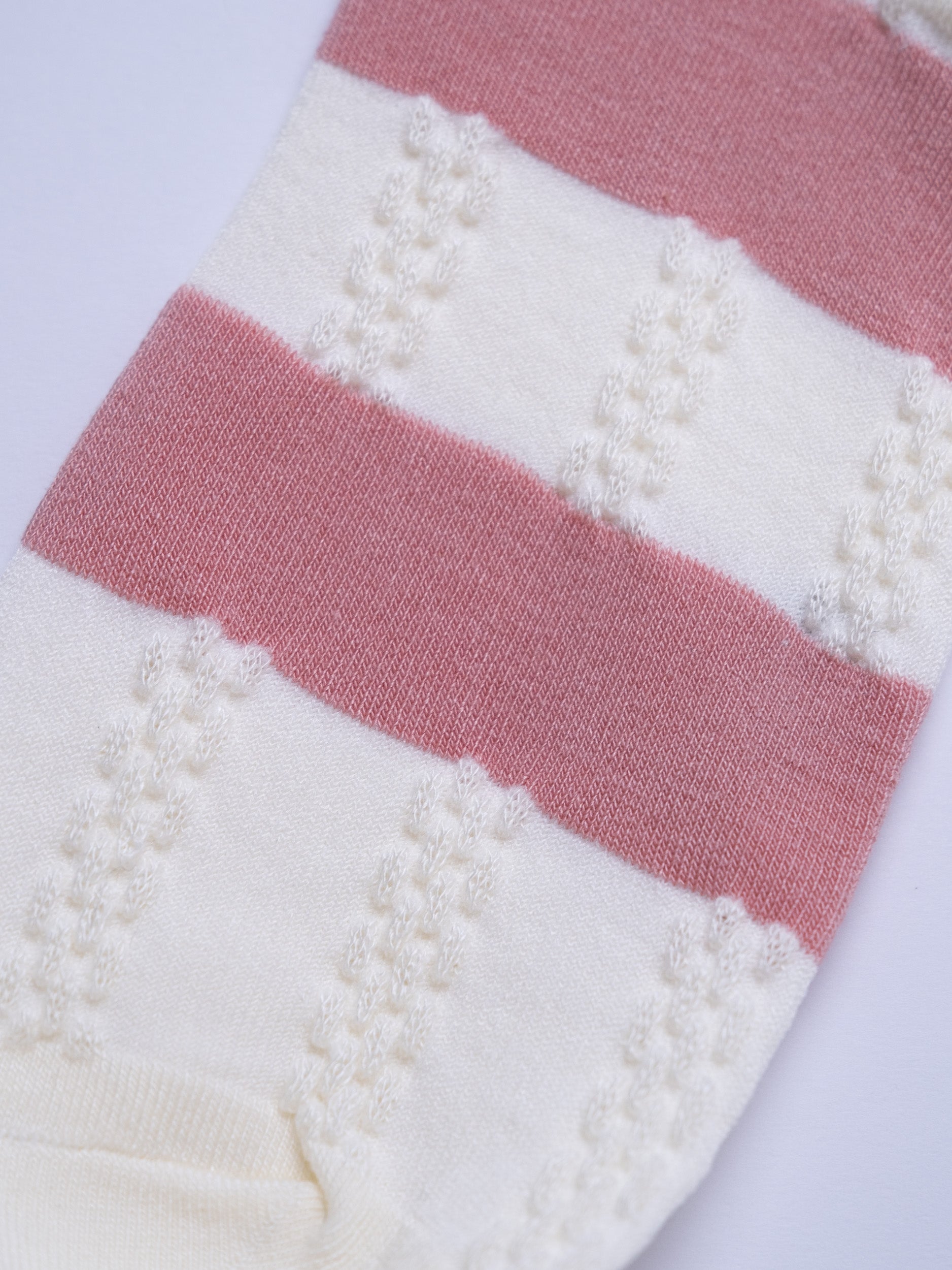 Close-up of a pink and white striped fabric with textured pattern on a white background