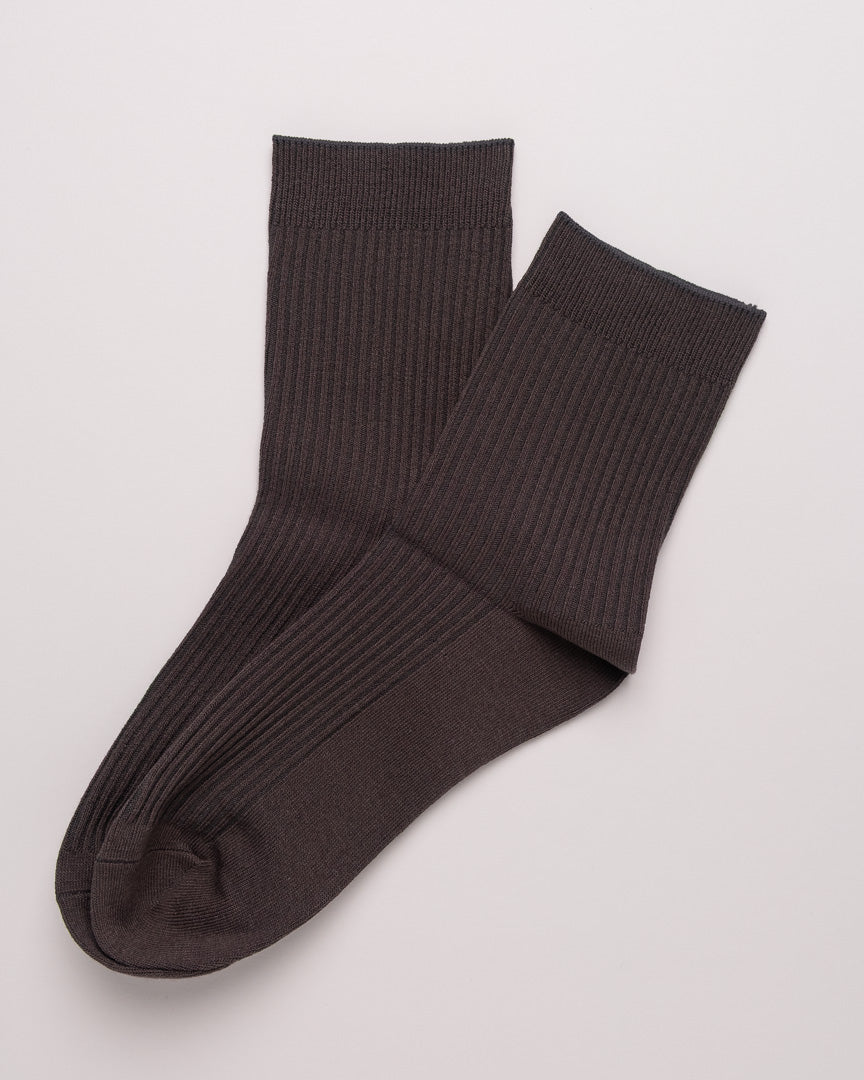 Pair of dark brown ribbed socks on a light gray background