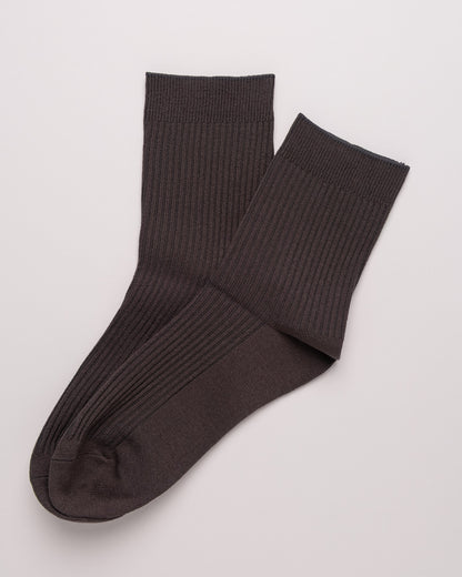 Pair of dark brown ribbed socks on a light gray background