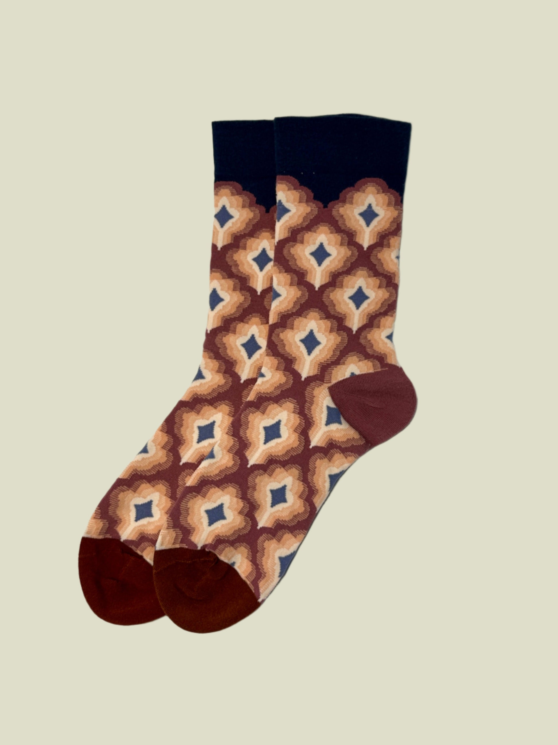 Patterned socks in warm tones designed for cool socks lovers who value comfort and style.