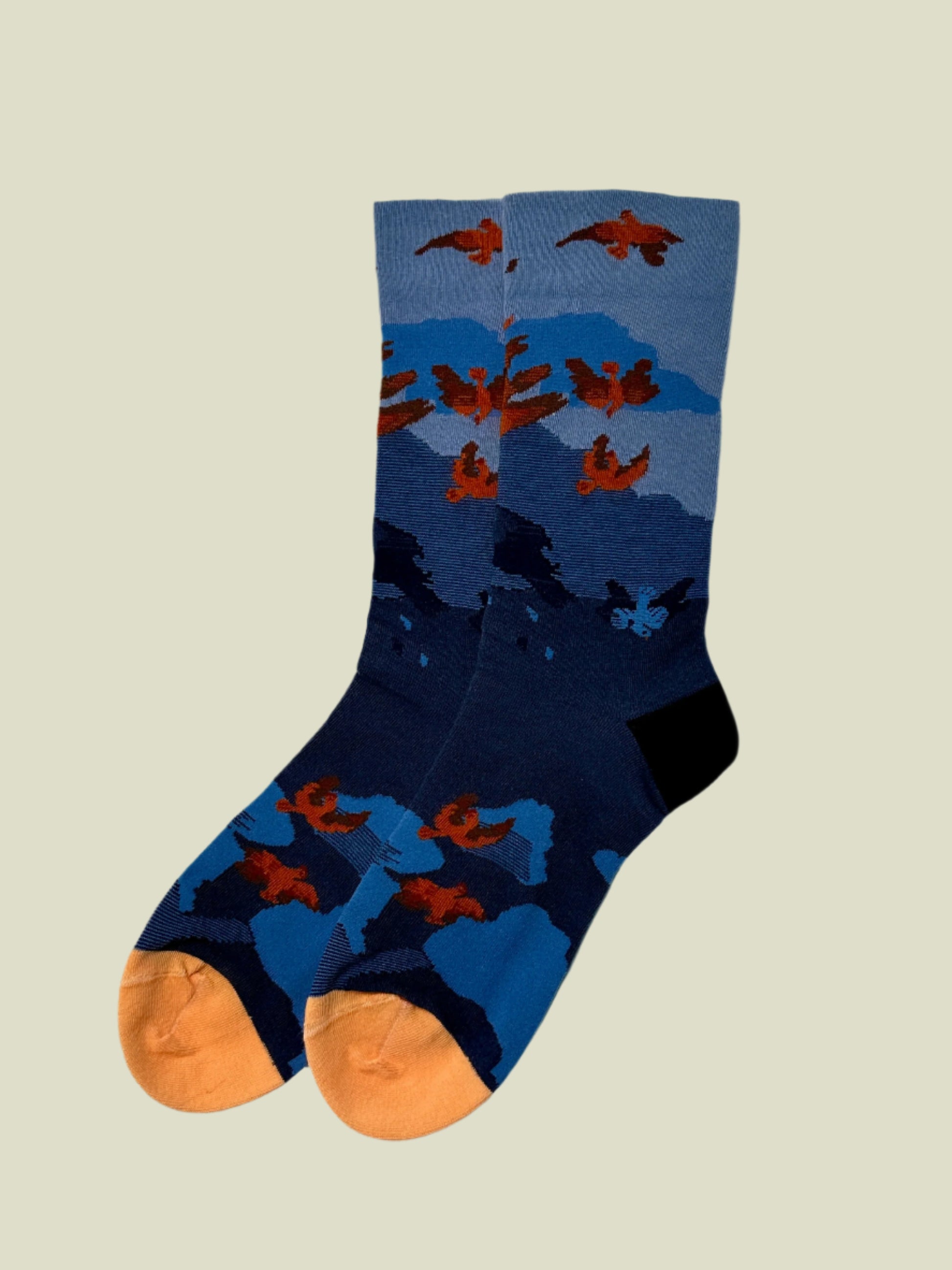 Firebird mountain socks for women in red and blue, stylish cotton crew socks with jacquard knit.