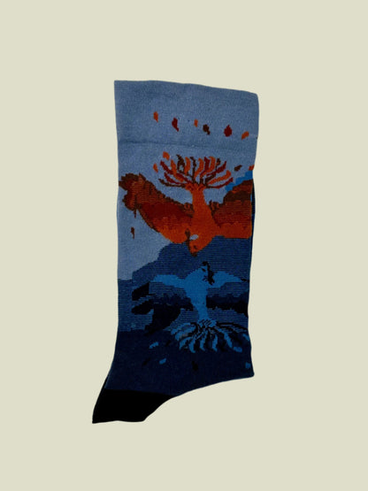 Aesthetic socks with birds and mountain design, cozy and breathable cotton socks for women.