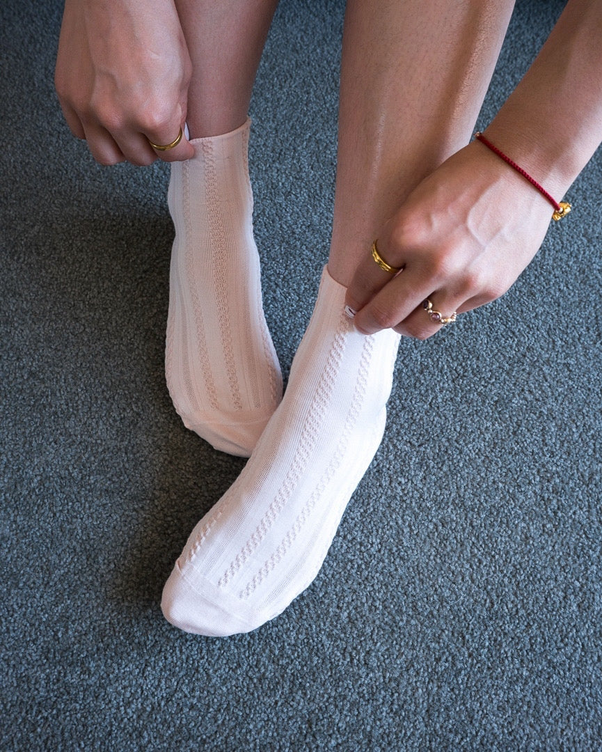 Women wearing pink braided rib cotton quarter socks showing ankle length fit 