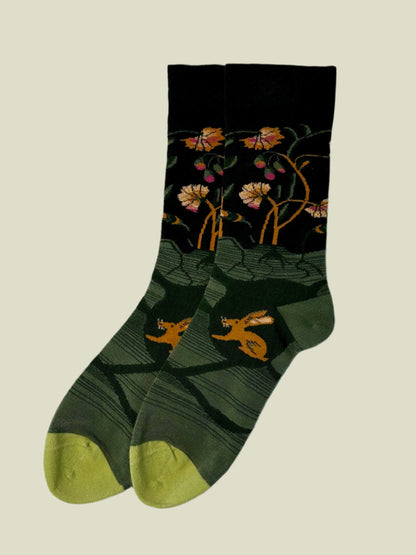 Green and yellow crew socks for women — soft cotton bunny socks with a playful, nature-inspired vibe.