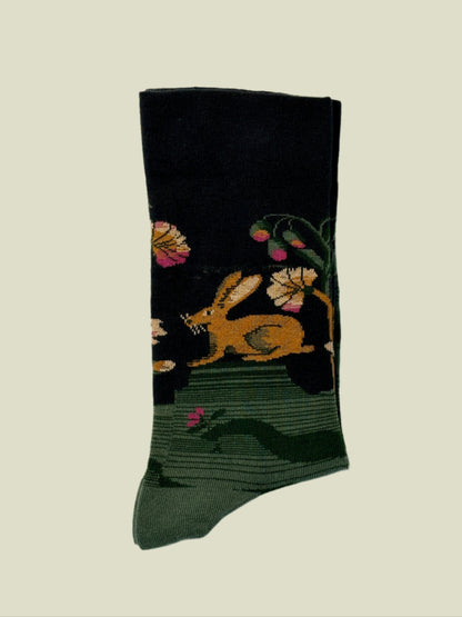 Whimsical bunny socks with floral design — perfect aesthetic socks for gifting or lounging.