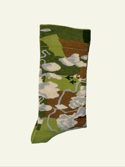 Aesthetic cotton crew socks for women featuring green forest tones, cute cloud patterns, and a cozy jacquard knit design.