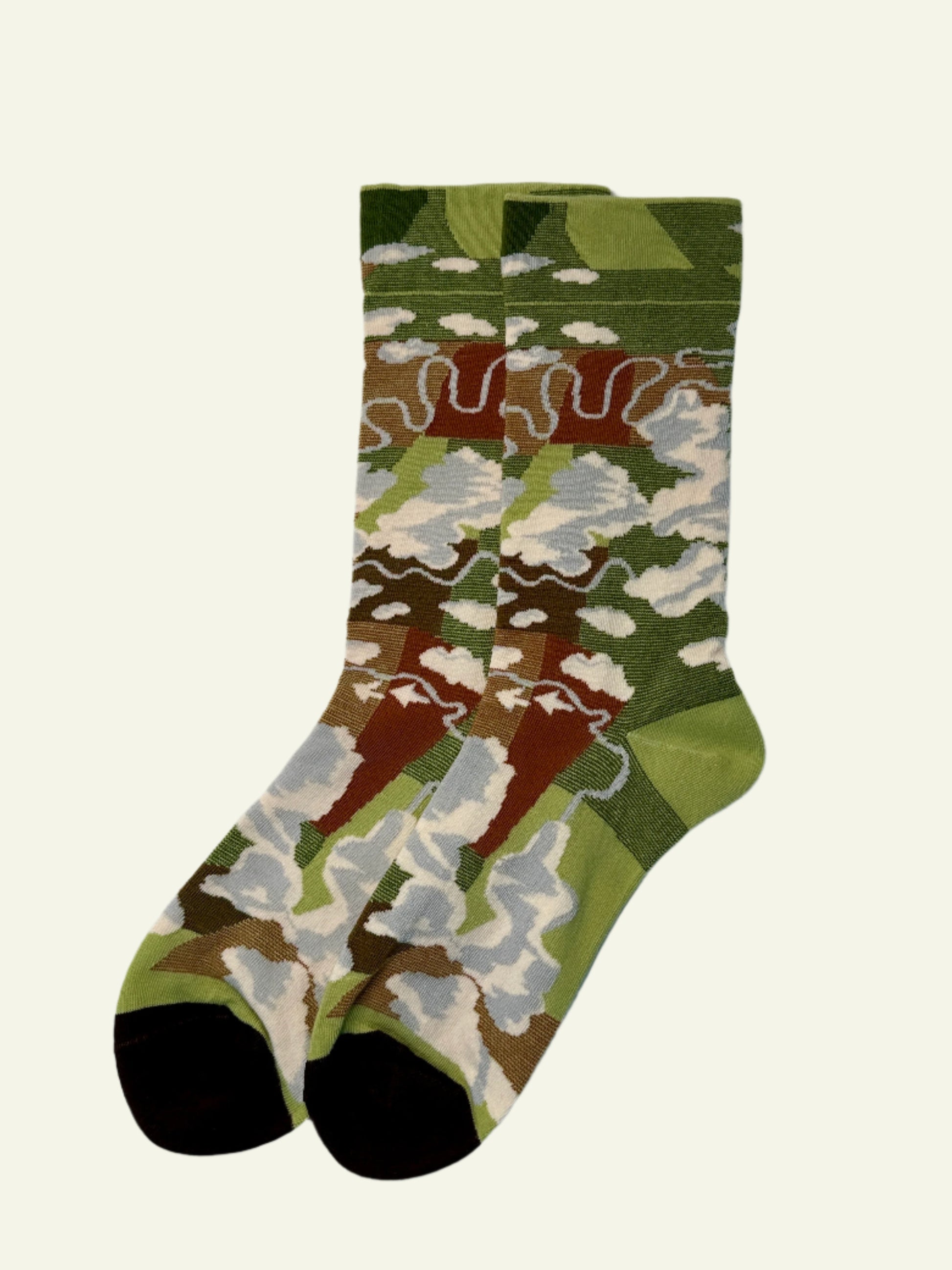 Women's aesthetic socks with unique mountain and sky print, soft stretch fit and durable jacquard for everyday wear.