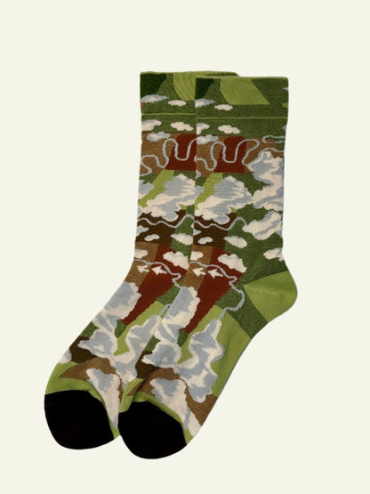 Women's aesthetic socks with unique mountain and sky print, soft stretch fit and durable jacquard for everyday wear.