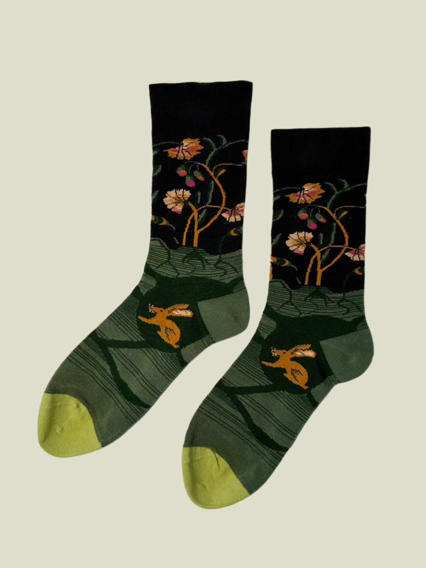 Cute green bunny socks with floral design – aesthetic women’s crew socks made from cotton