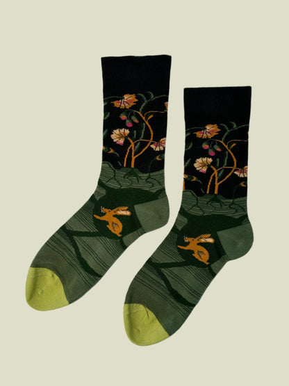 Cute green bunny socks with floral design – aesthetic women’s crew socks made from cotton