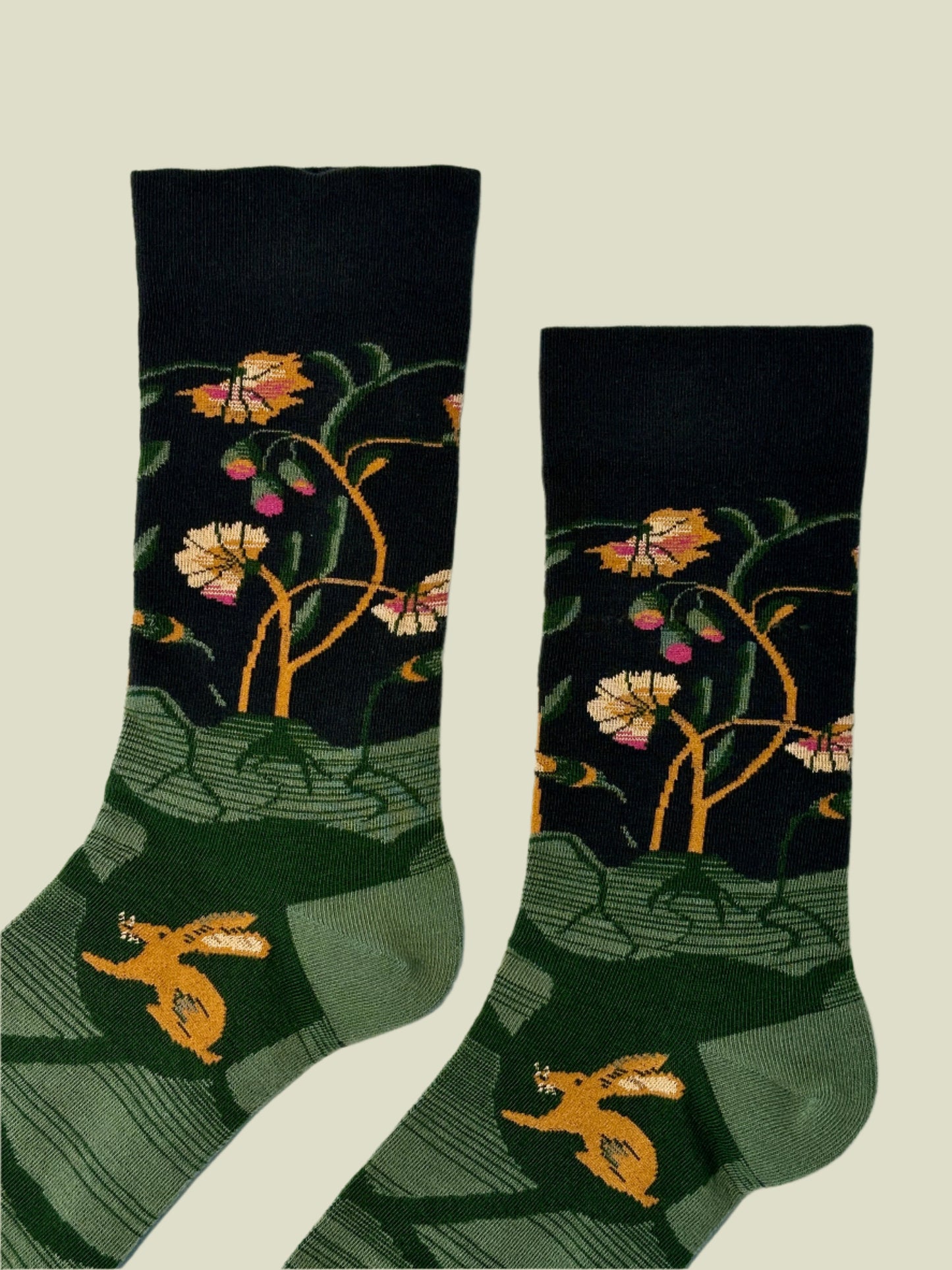 Cute forest-themed bunny socks with flowers — breathable and stylish crew socks for women.